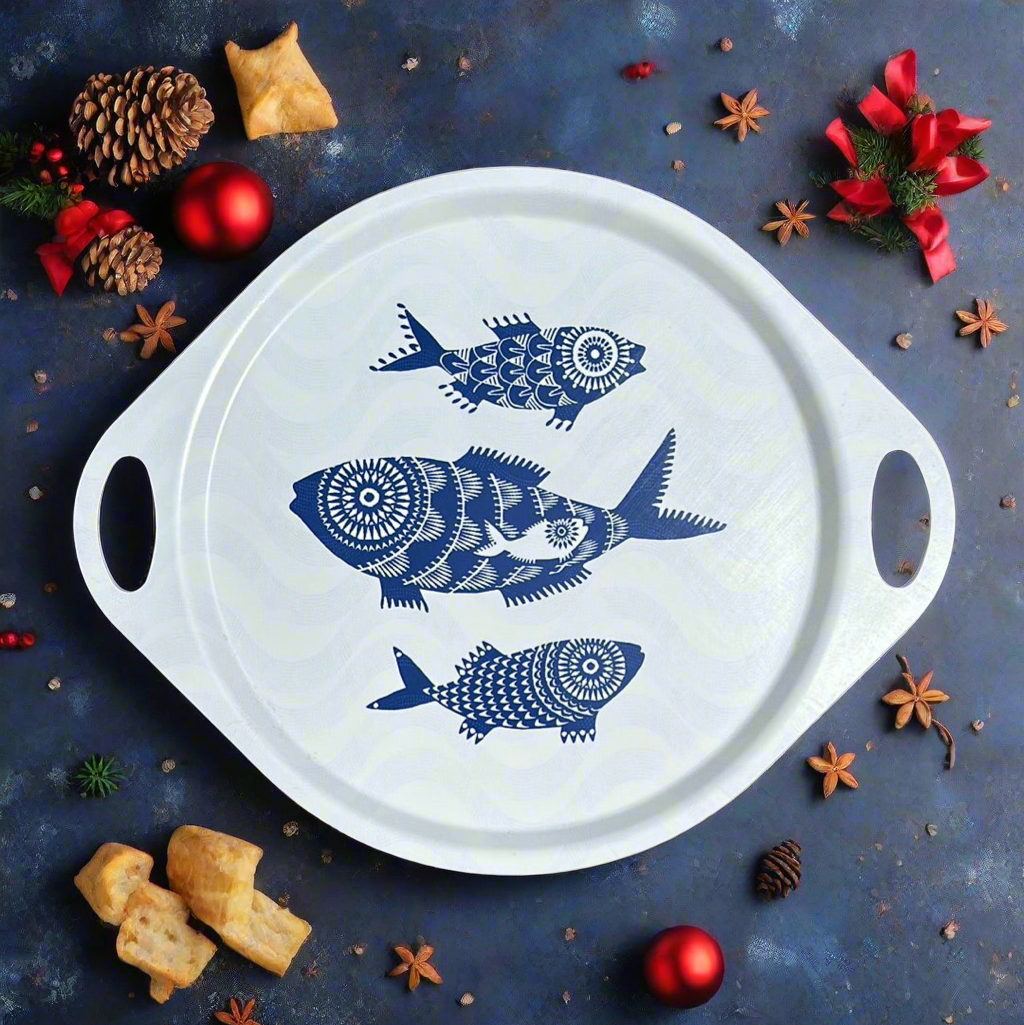 Shoal of Fish Round Tray with Handles - White
