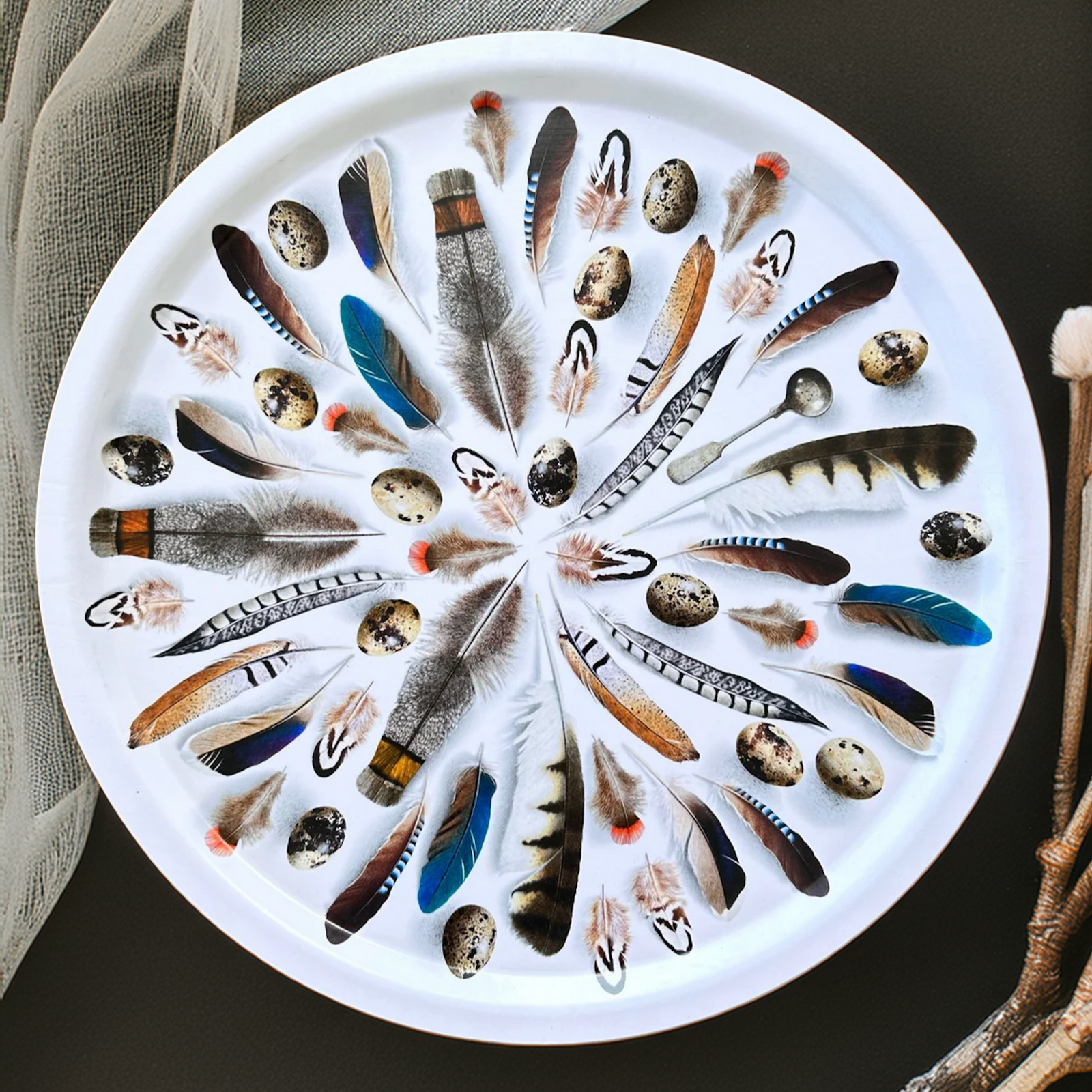 Feathered Round Tray - White