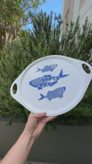 Shoal of Fish Round Tray with Handles - White