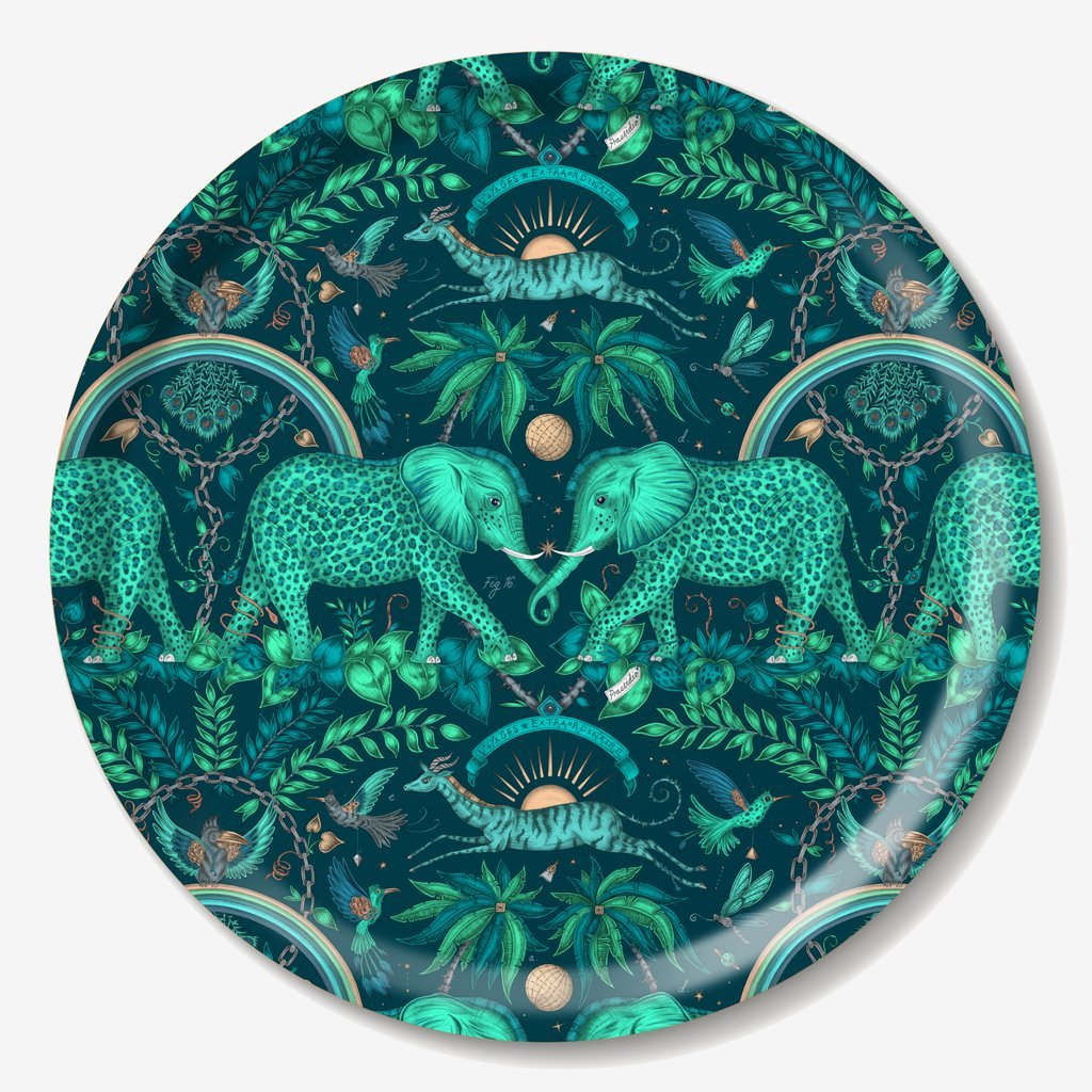 Teal Zambezi birchwood tray featuring elephants designed by Emma J Shipley 