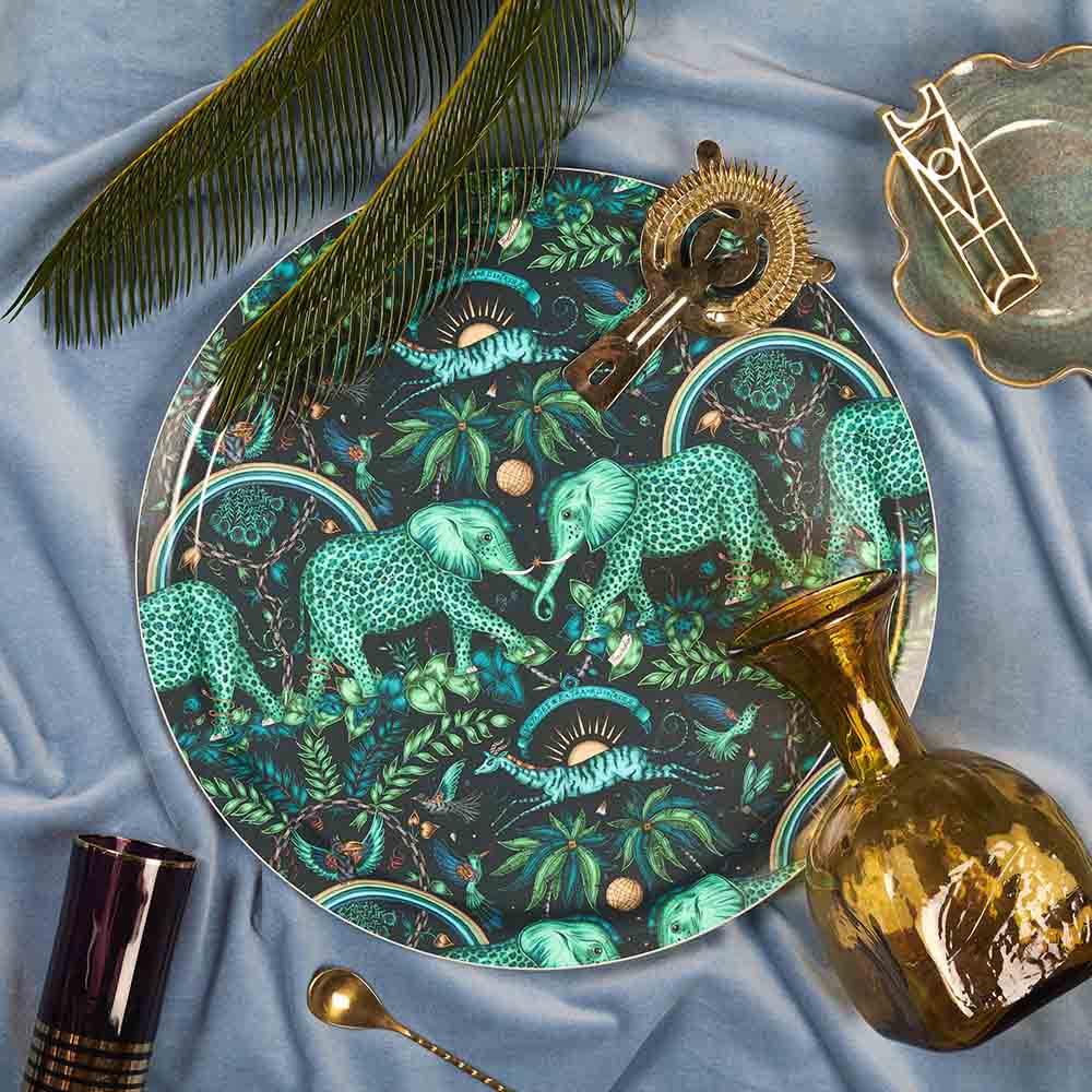 Teal Zambezi birchwood tray featuring elephants designed by Emma J Shipley 